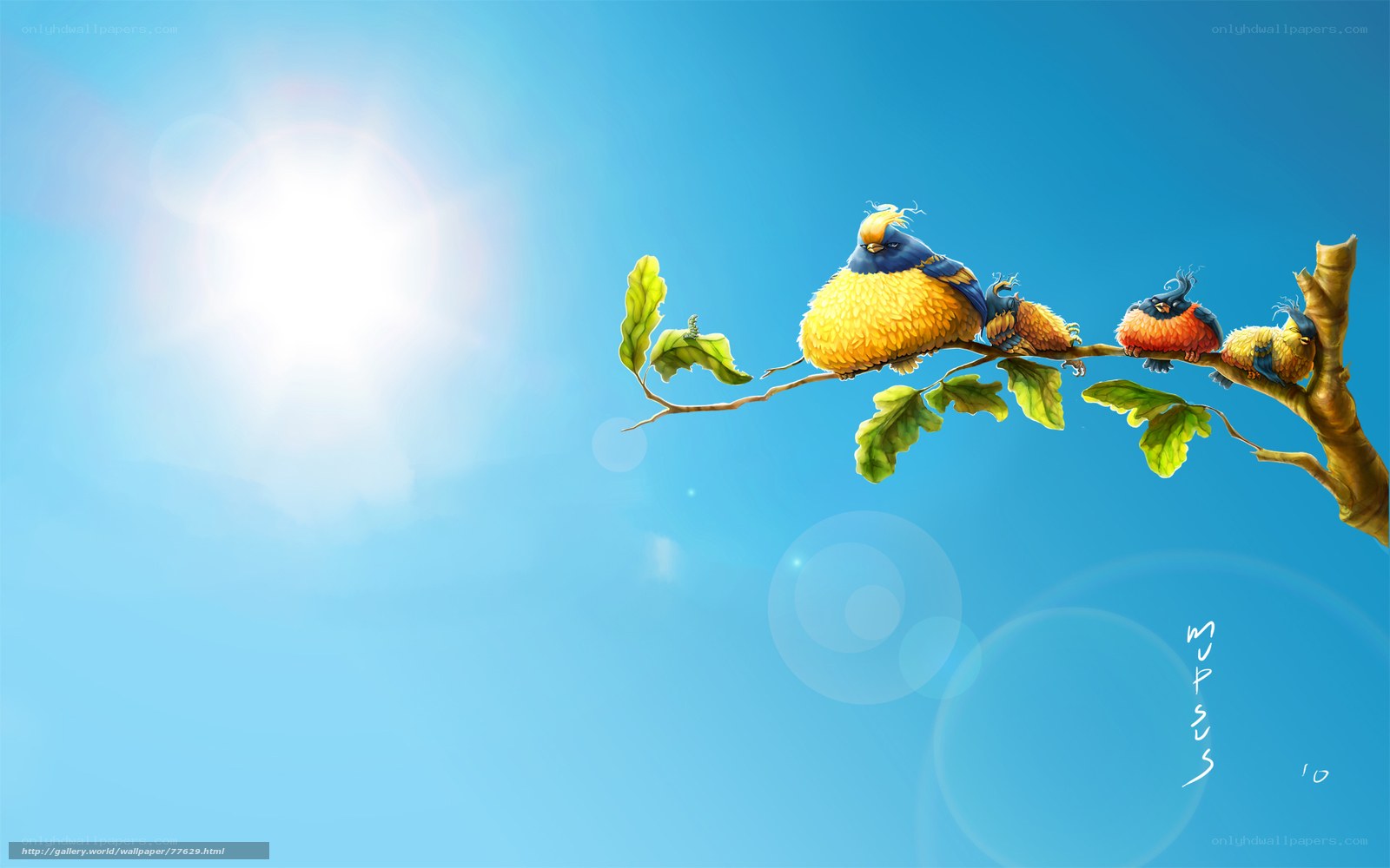 Birds on a branch in sunlight