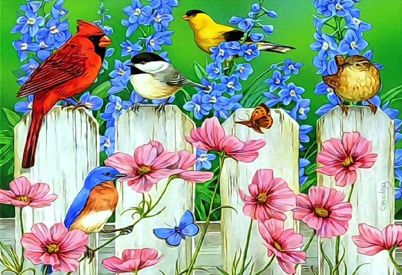 Birds on a Fence — Green, Cheerful