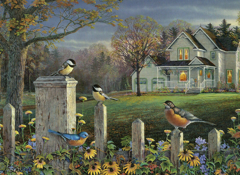 Birds on a Fence — Green, Serene, Autumn, Painting