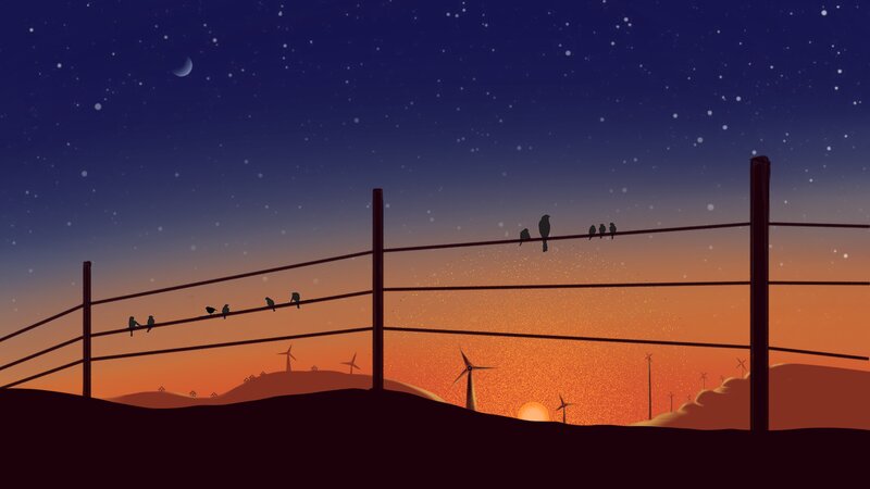 Birds on a Fence — Orange, Serene