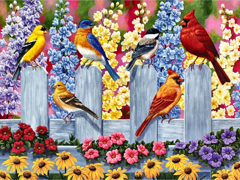 Birds on a Fence — Yellow, Colorful