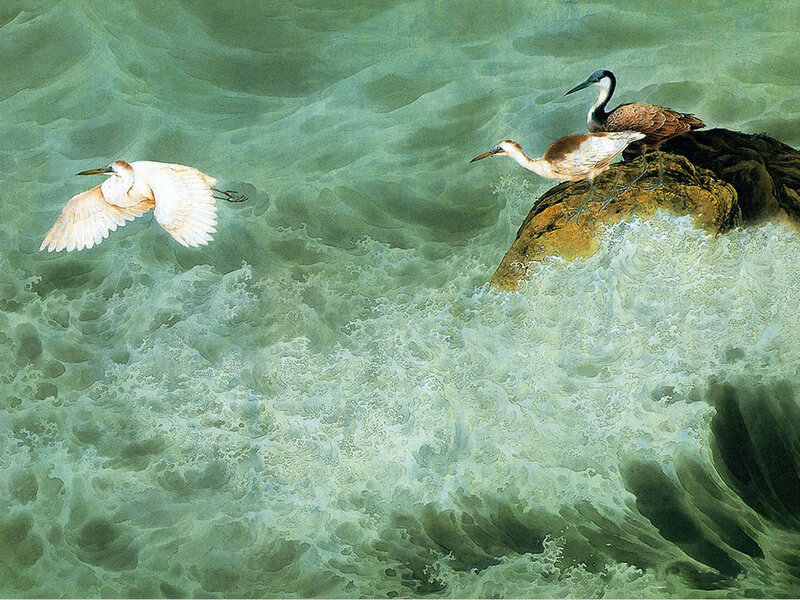 Birds on a Rock in the Sea