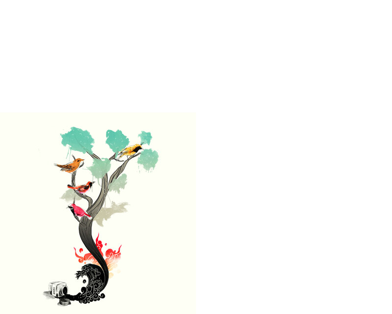 Birds on a stylized tree