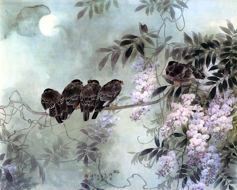 Birds on a Wisteria Branch — Purple