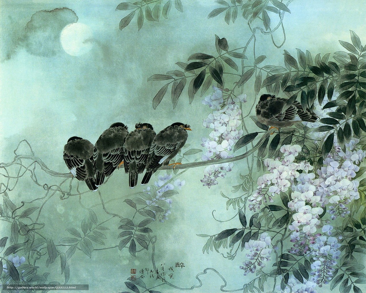 Birds on a Wisteria Branch