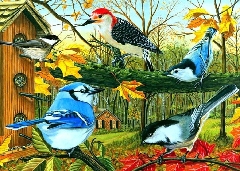 Birds on Autumn Branches — Blue