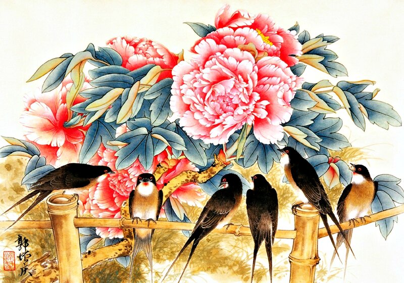 Birds on Bamboo Fence — Pink, Serene, Spring