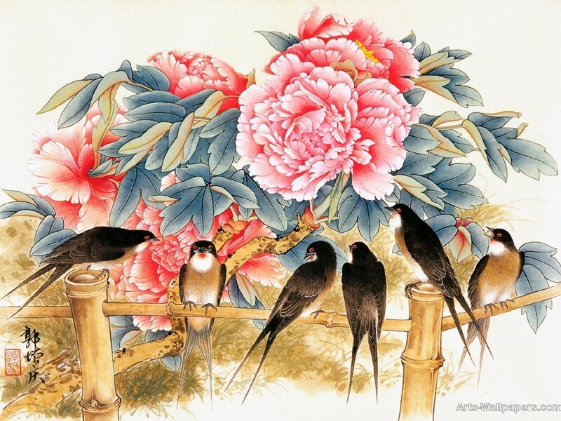 Birds on Bamboo Fence — Pink