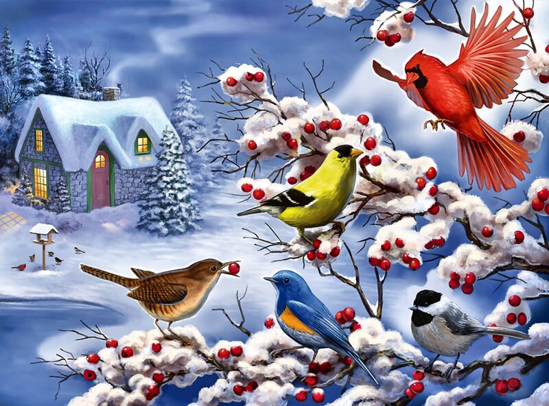 Birds on Berry Branches — Blue