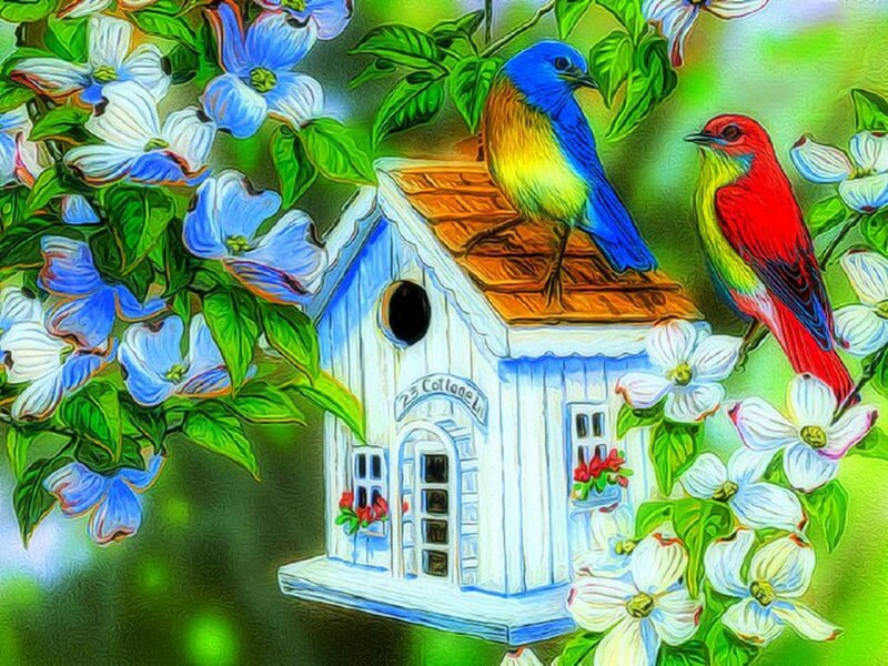Birds on Birdhouse — Blue