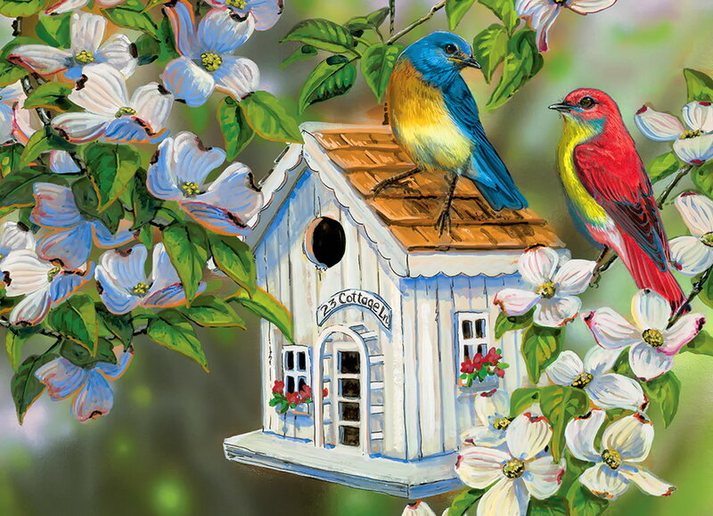 Birds on Birdhouse — White
