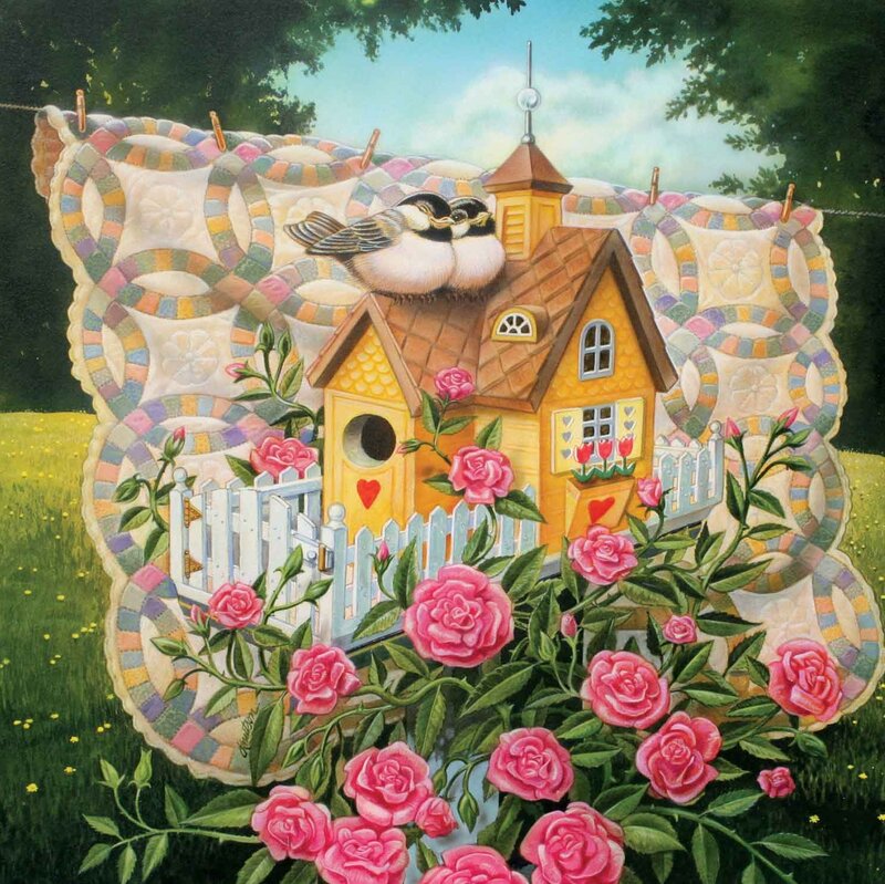 Birds on Birdhouse — Yellow