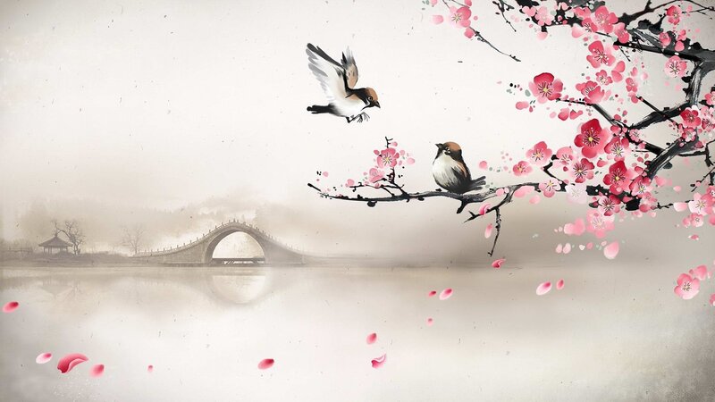 Birds on Cherry Blossom Branch — Pink