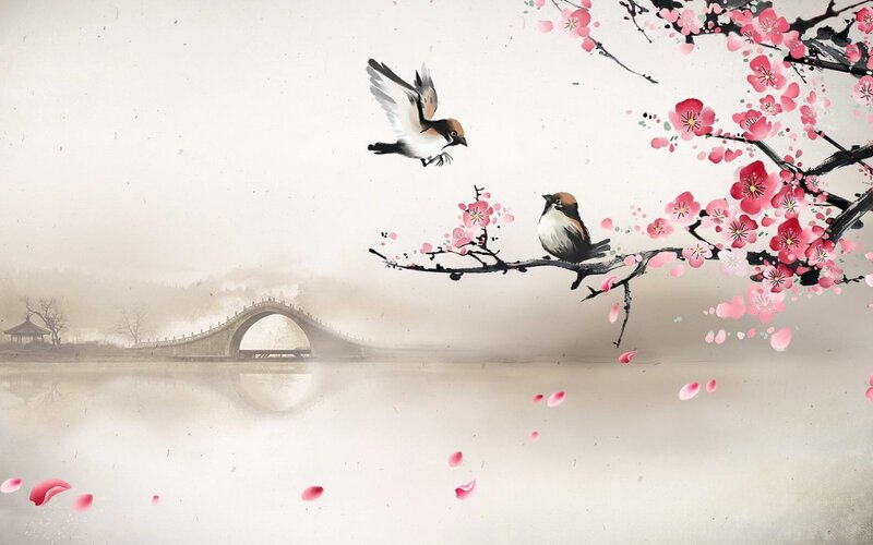 Birds on Cherry Blossom Branch