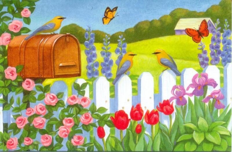 Birds on Fence with Flowers