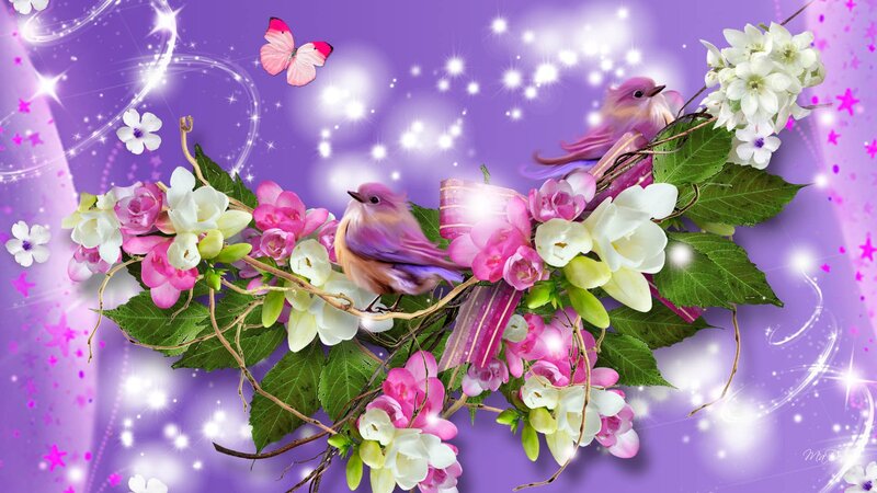 Birds on Floral Branch — Purple
