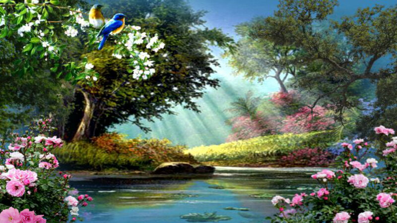 Birds on Flowering Branch — Blue