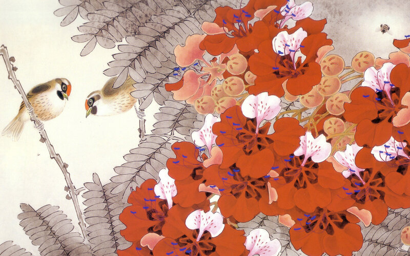 Birds on Flowering Branch — Red