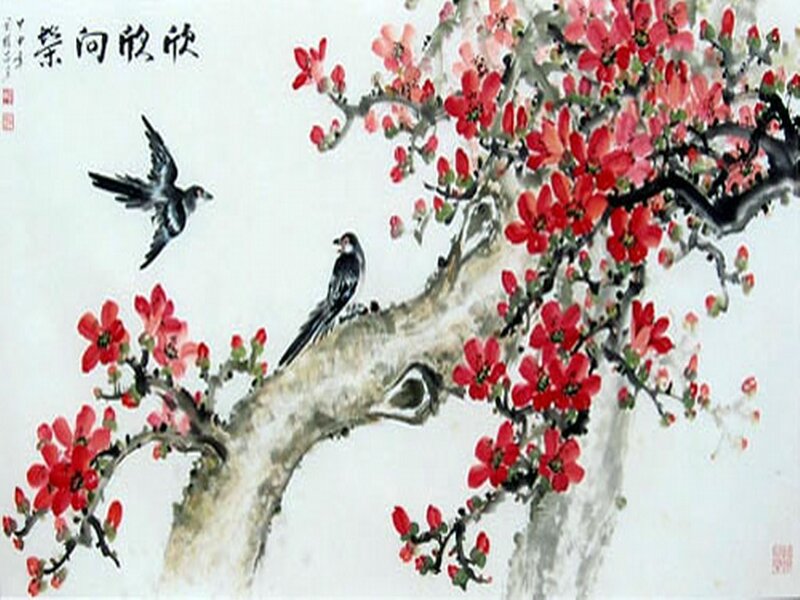 Birds on Flowering Branch