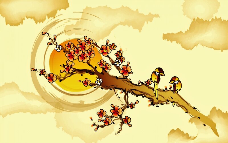 Birds on Flowering Branch — Yellow, Serene