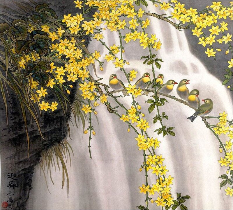 Birds on Flowering Branch — Yellow