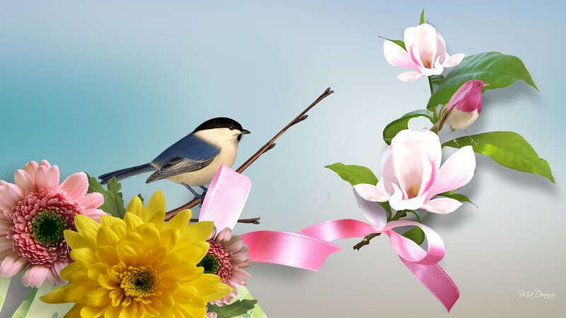 Birds on Flowering Branches — Pink, Serene