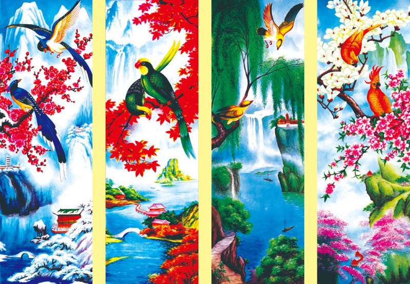 Birds on Flowering Branches — Red