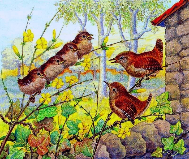 Birds on Flowering Branches — Yellow