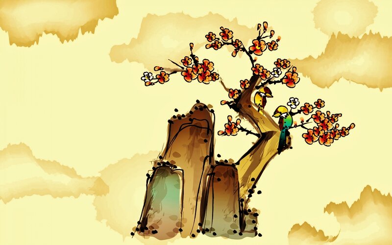 Birds on Flowering Tree