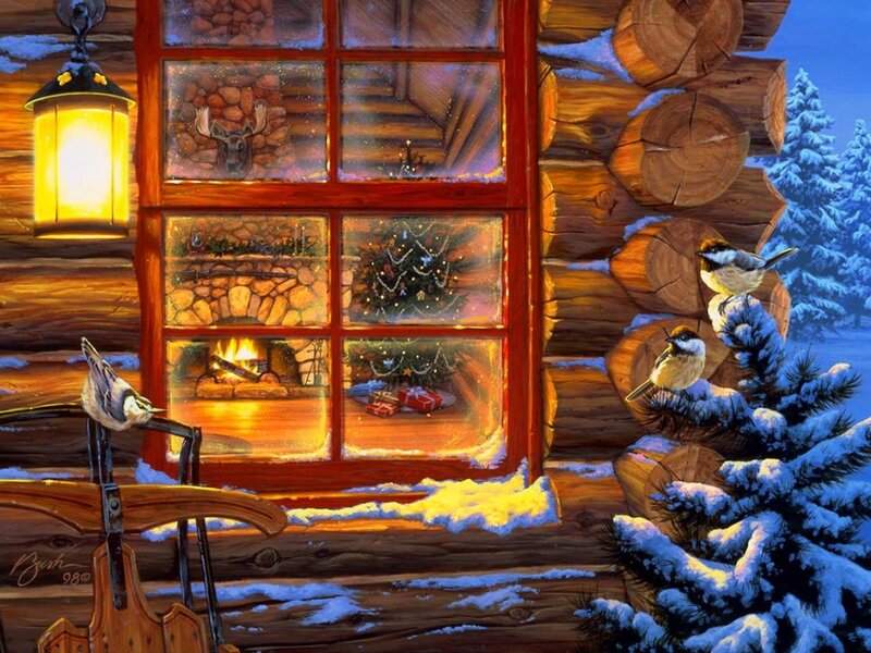Birds on Log Cabin — Brown, Cozy