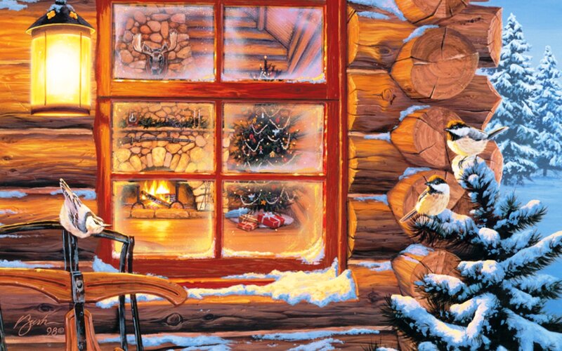 Birds on Log Cabin — Brown