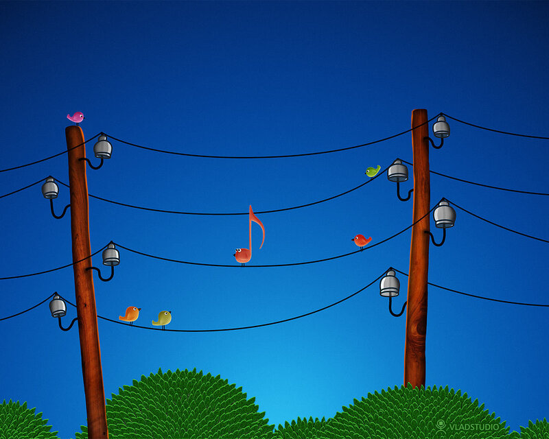 Birds on Power Lines — Blue, Playful