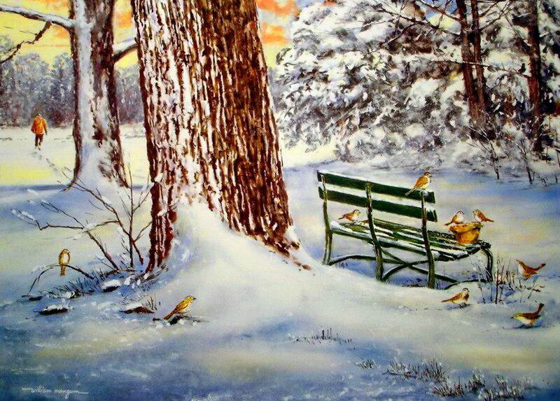 Birds on Snowy Bench
