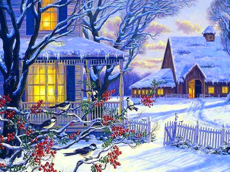 Birds on Snowy Branches — Blue, Serene