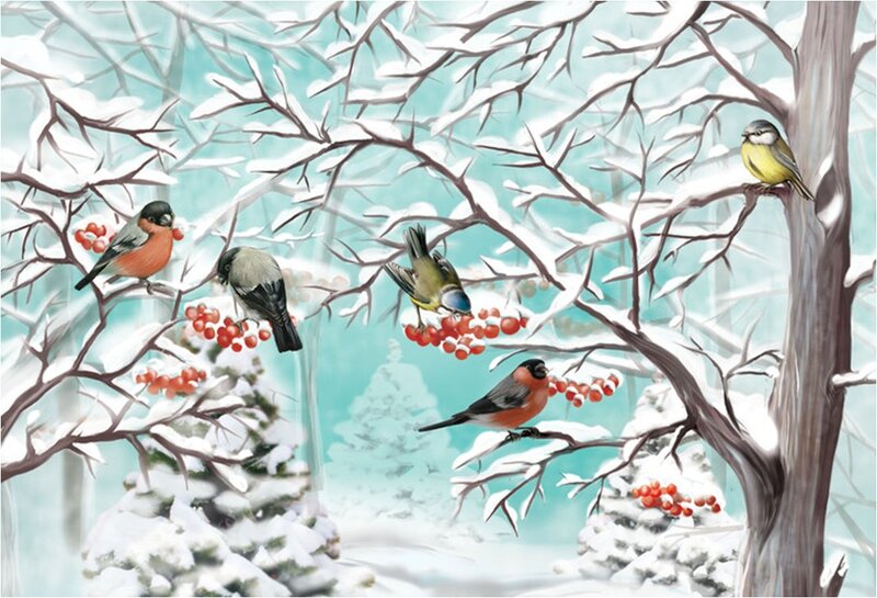 Birds on Snowy Branches — White, Serene