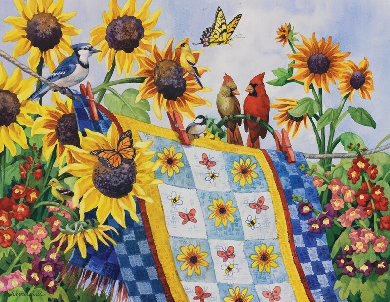 Birds on Sunflowers — Yellow, Cheerful, Summer