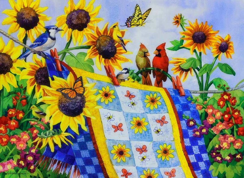 Birds on Sunflowers — Yellow, Cheerful