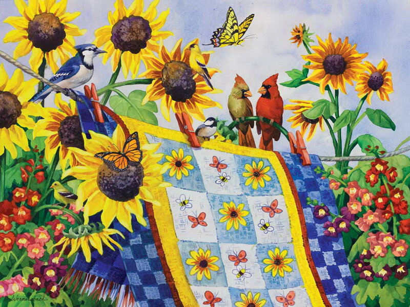 Birds on Sunflowers — Yellow