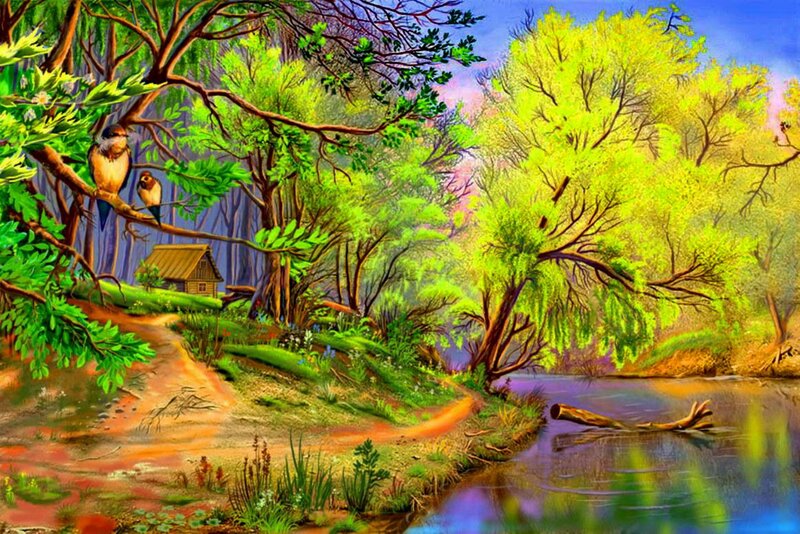 Birds on Tree Branch — Green, Serene, Spring, Digital Art