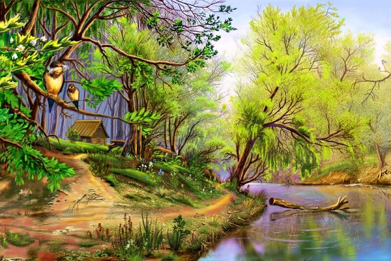 Birds on Tree Branch — Green, Serene, Spring, Painting