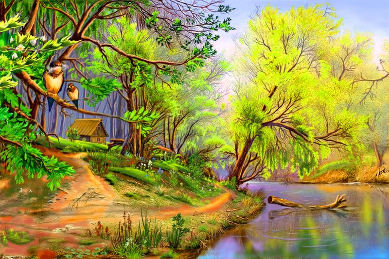 Birds on Tree Branch — Green, Serene, Spring