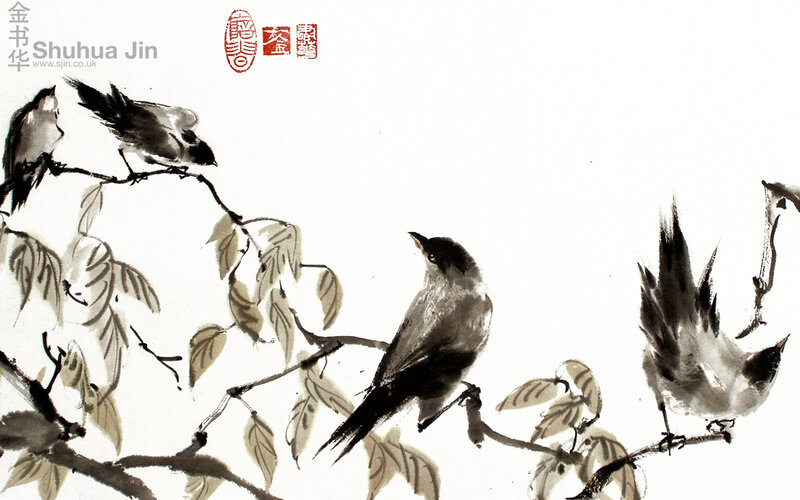 Birds on Tree Branches — Black