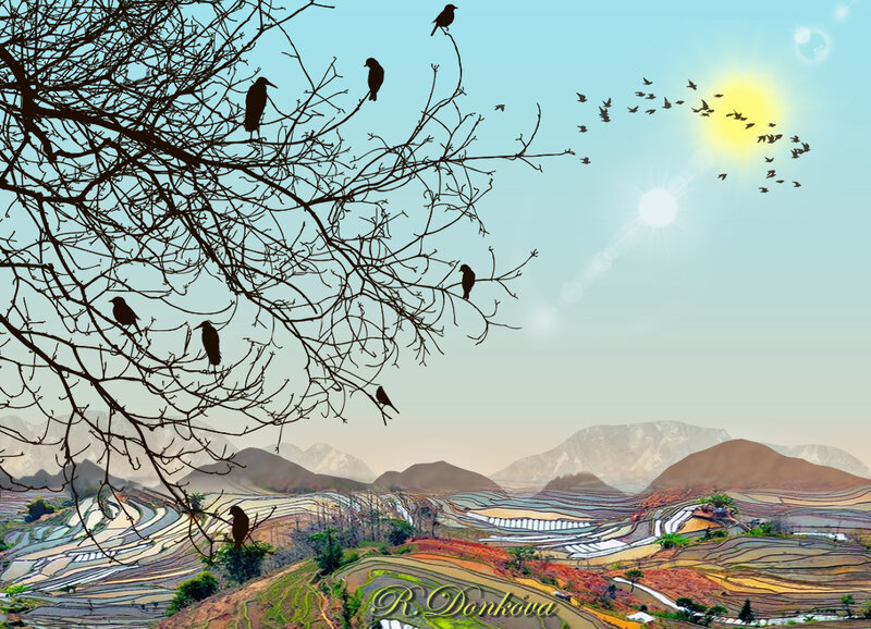 Birds on Tree Branches — Blue, Serene
