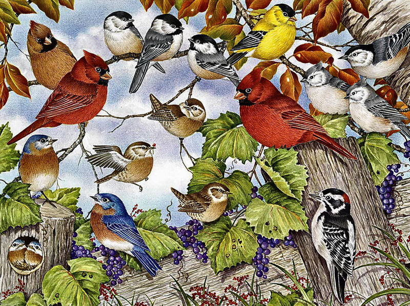 Birds on Tree Branches — Red
