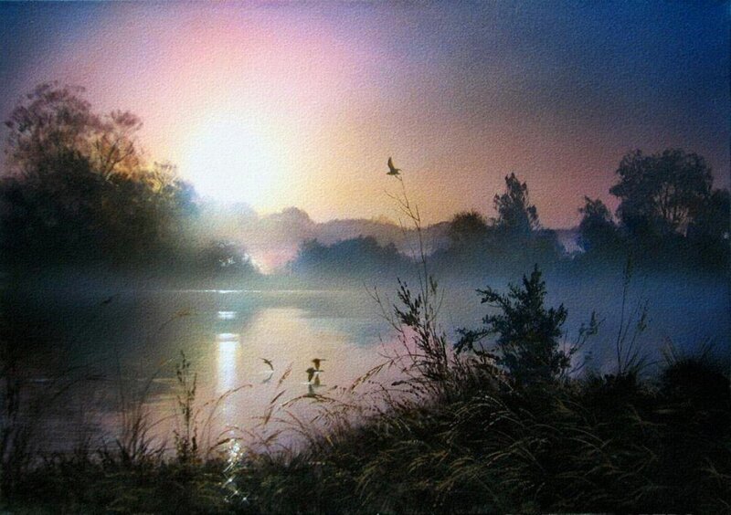 Birds over Misty Lake