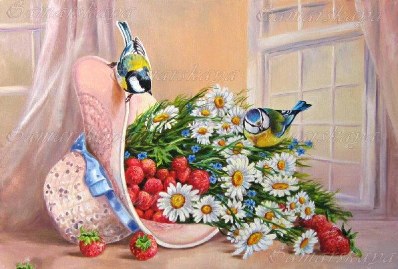 Birds with Flowers and Berries