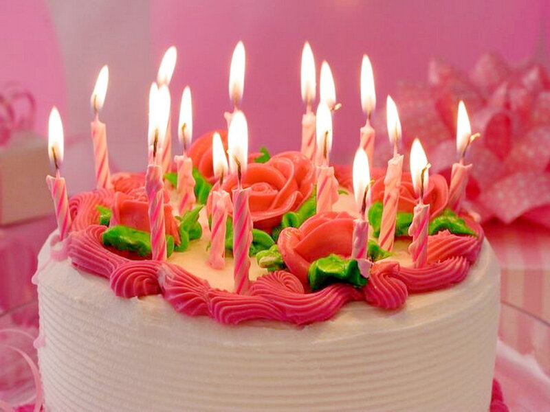 Birthday Cake with Candles — Pink, Celebratory, Photograph, Roses