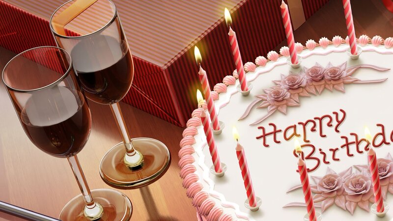 Birthday Cake with Candles — White, Celebratory, 3d Render, Wine Glasses