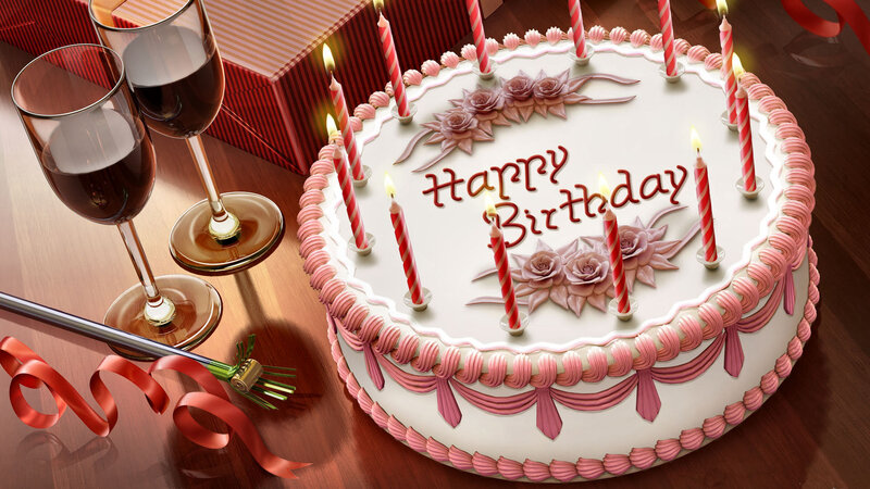 Birthday Cake with Candles — White, Celebratory, Digital Art, Wine Glasses