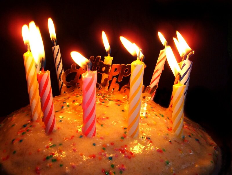 Birthday Cake with Candles — Yellow, Celebratory, Night, Photograph